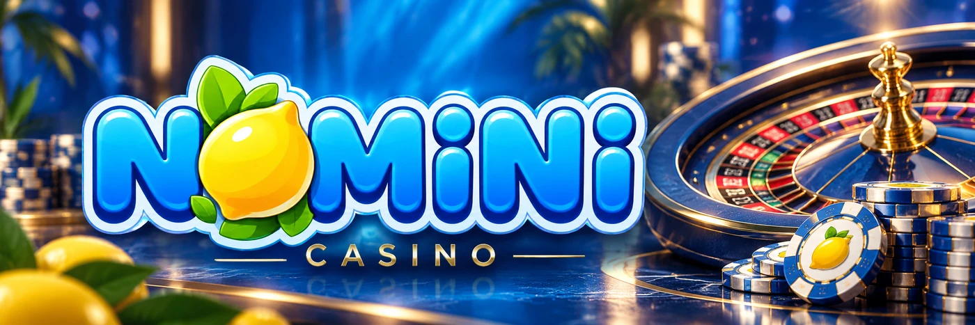 Logo Nomini Casino con limone, roulette e fiches su sfondo blu.