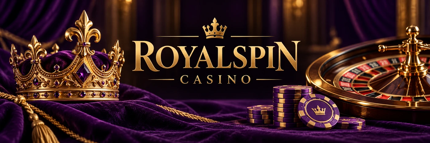 RoyalSpin Casino con corona dorata, roulette e fiches su velluto viola.